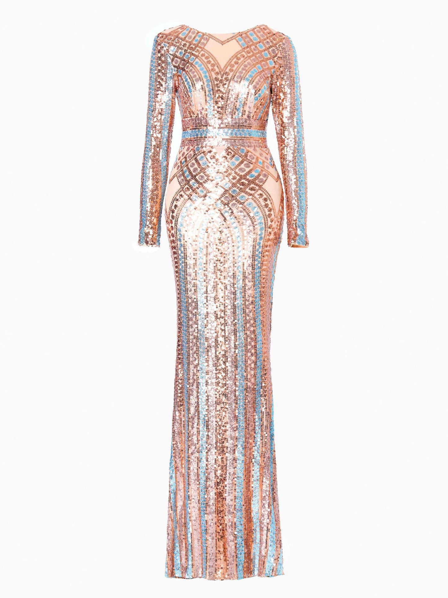 فستان سهرة من الشيفون مزين بالترتر - ذهبي وردي بدون ظهر وياقة دائرية