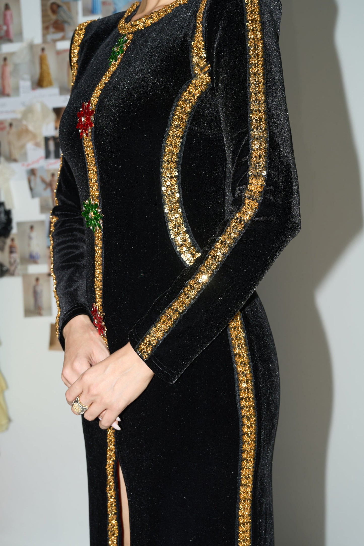 Willow Dramatic Black Sequin Trim Velvet Maxi Dress