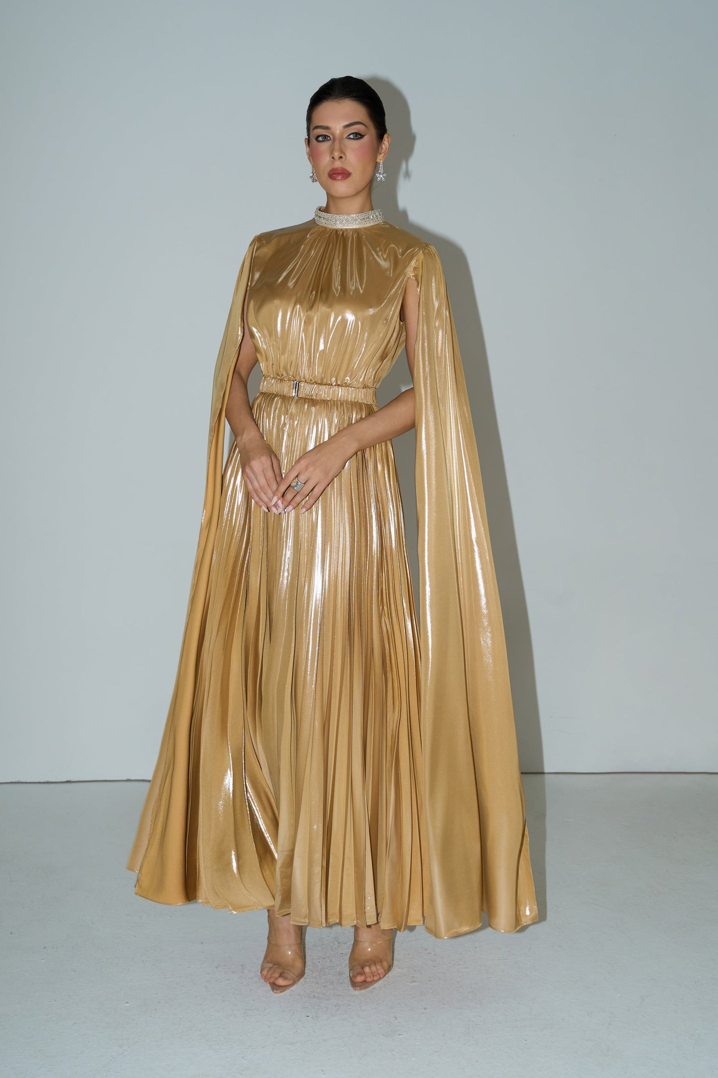 Alice Luxurious Gold Cape Sleeve Maxi Dress