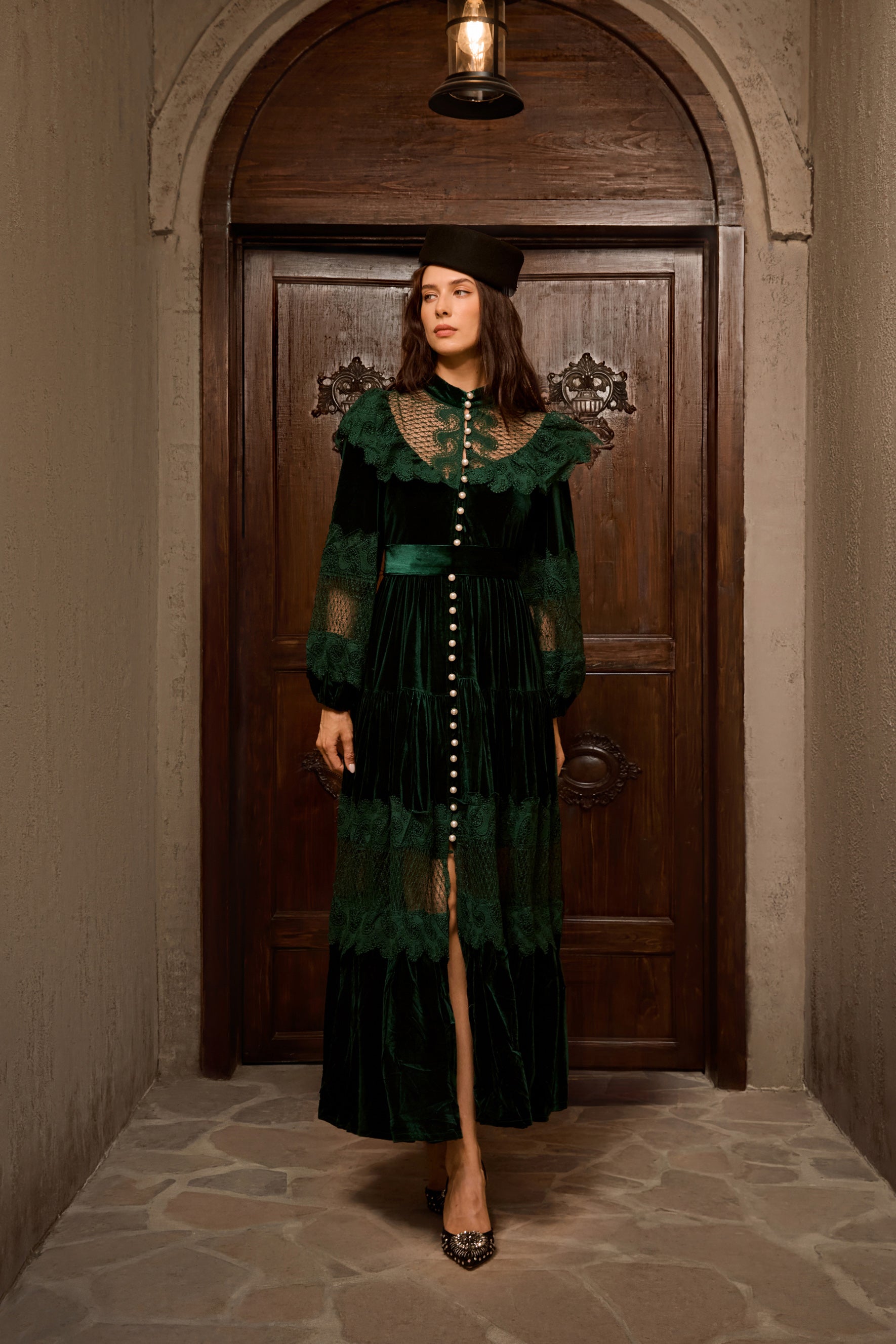 Dark Green Velvet Lace Panel Maxi Dress