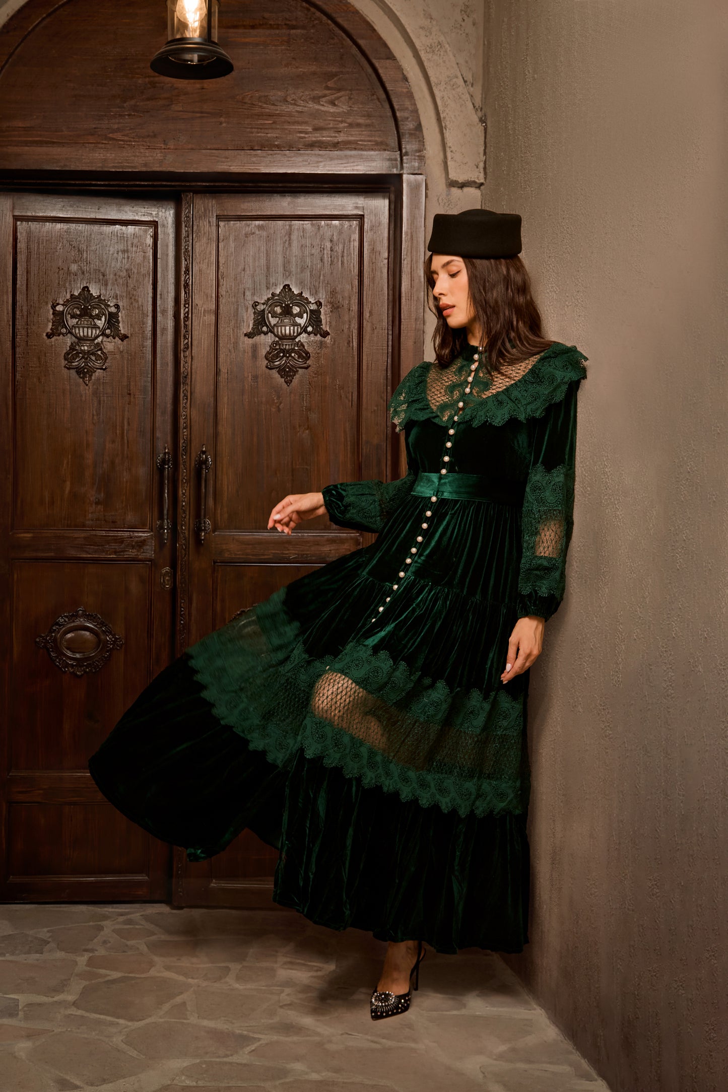 Dark Green Velvet Lace Panel Maxi Dress