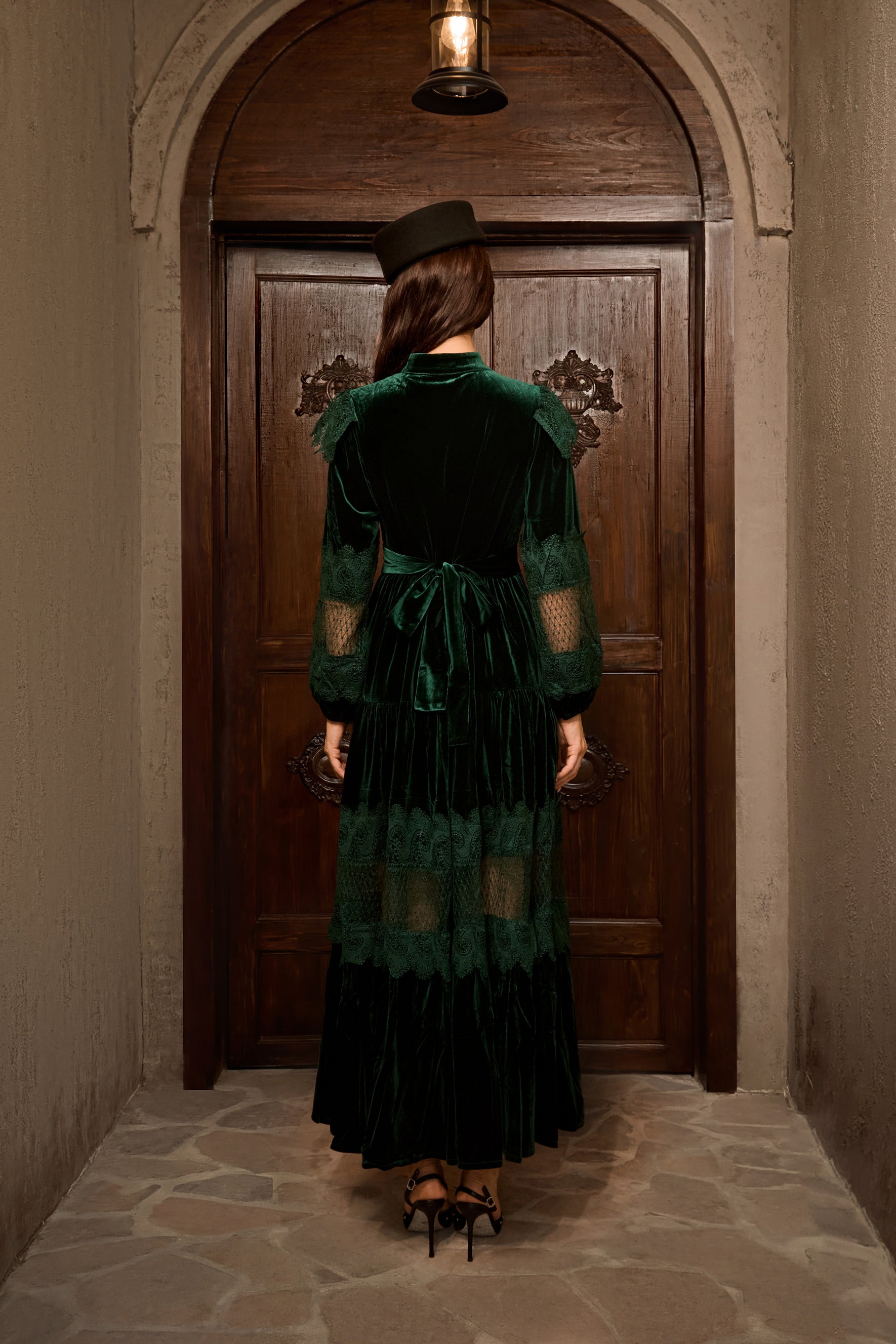 Dark Green Velvet Lace Panel Maxi Dress