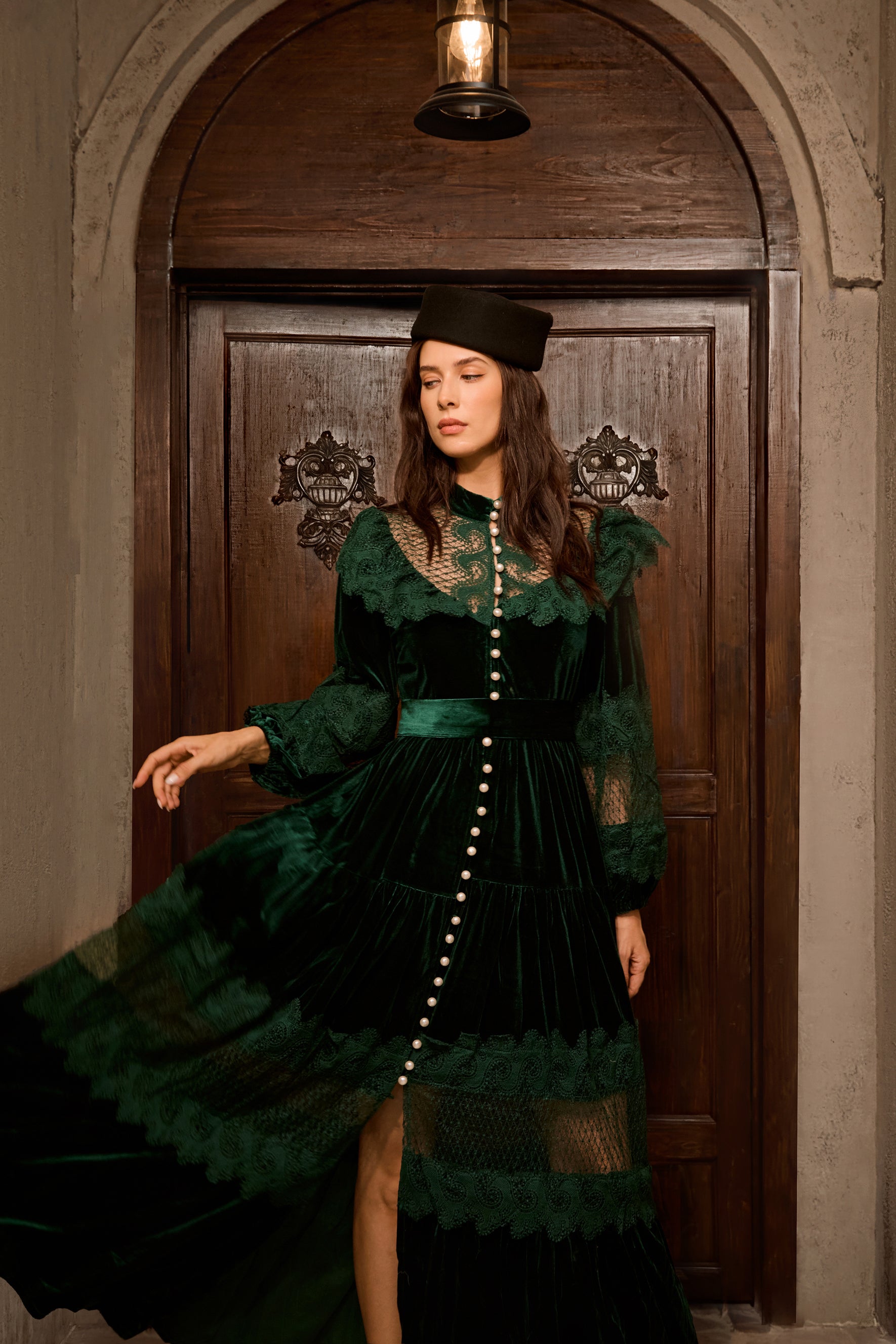 Dark Green Velvet Lace Panel Maxi Dress