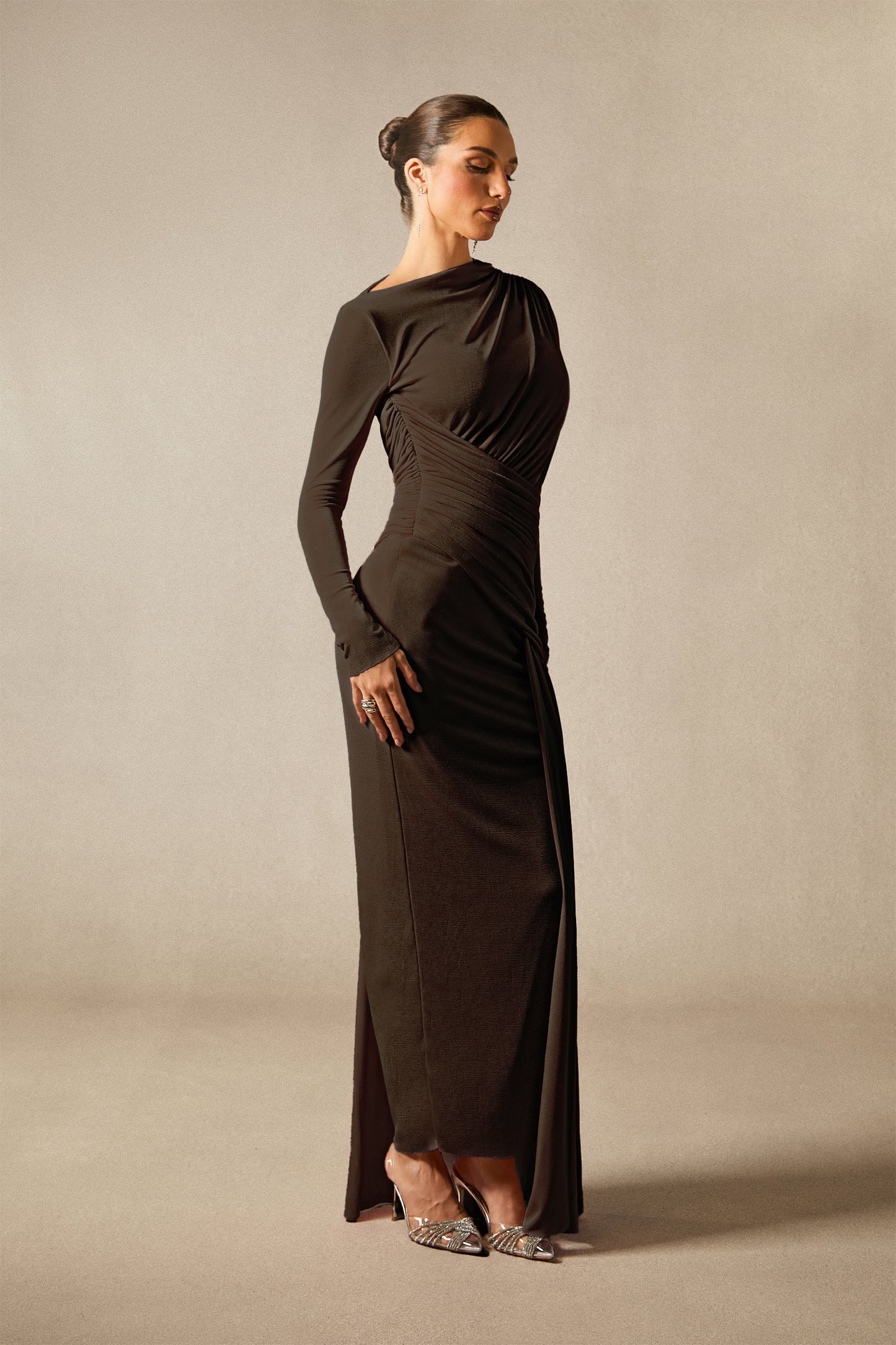 Graceful Asymmetric Ruched Maxi Dress