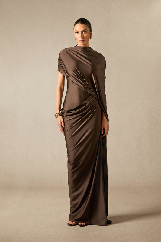 Timeless Asymmetric Sleeve Drape Maxi Dress