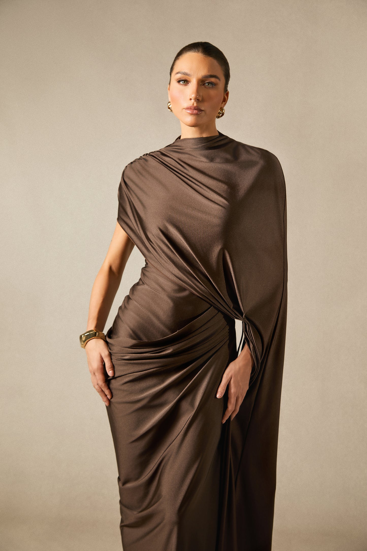 Timeless Asymmetric Sleeve Drape Maxi Dress