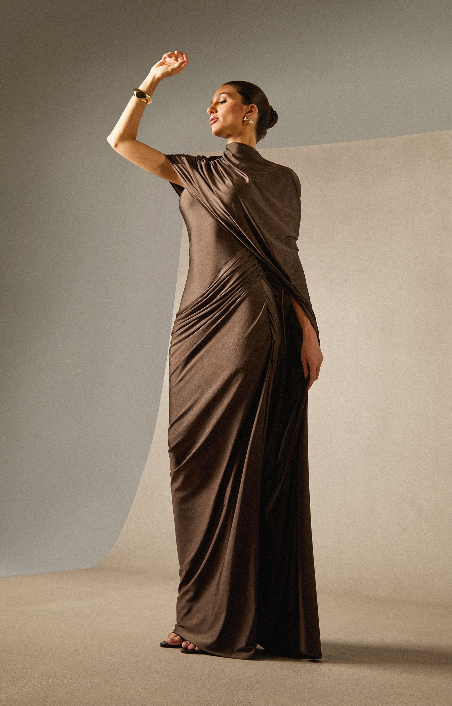 Timeless Asymmetric Sleeve Drape Maxi Dress