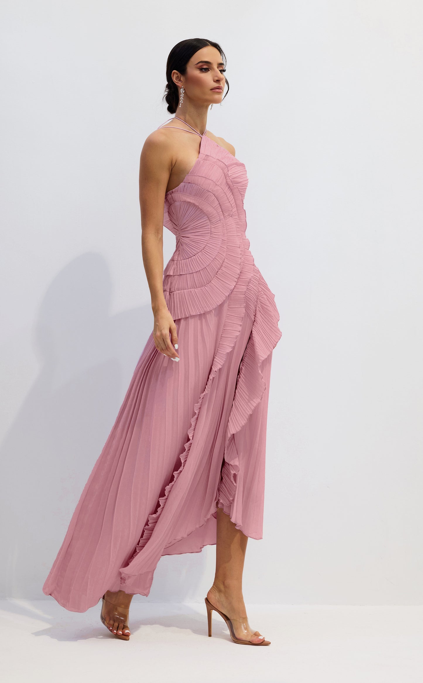 Iconic Asymmetrical Pleated Halterneck Midi Dress