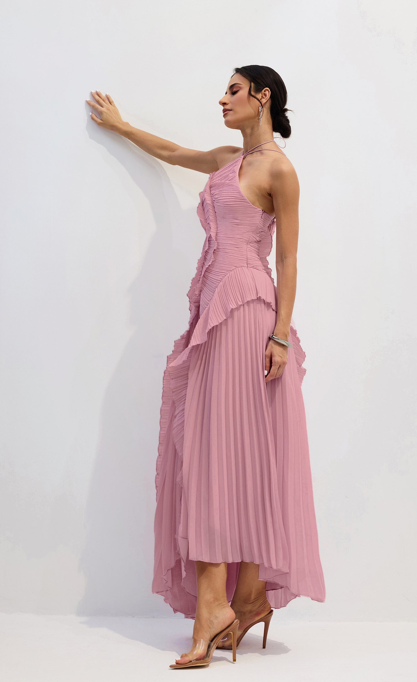 Iconic Asymmetrical Pleated Halterneck Midi Dress