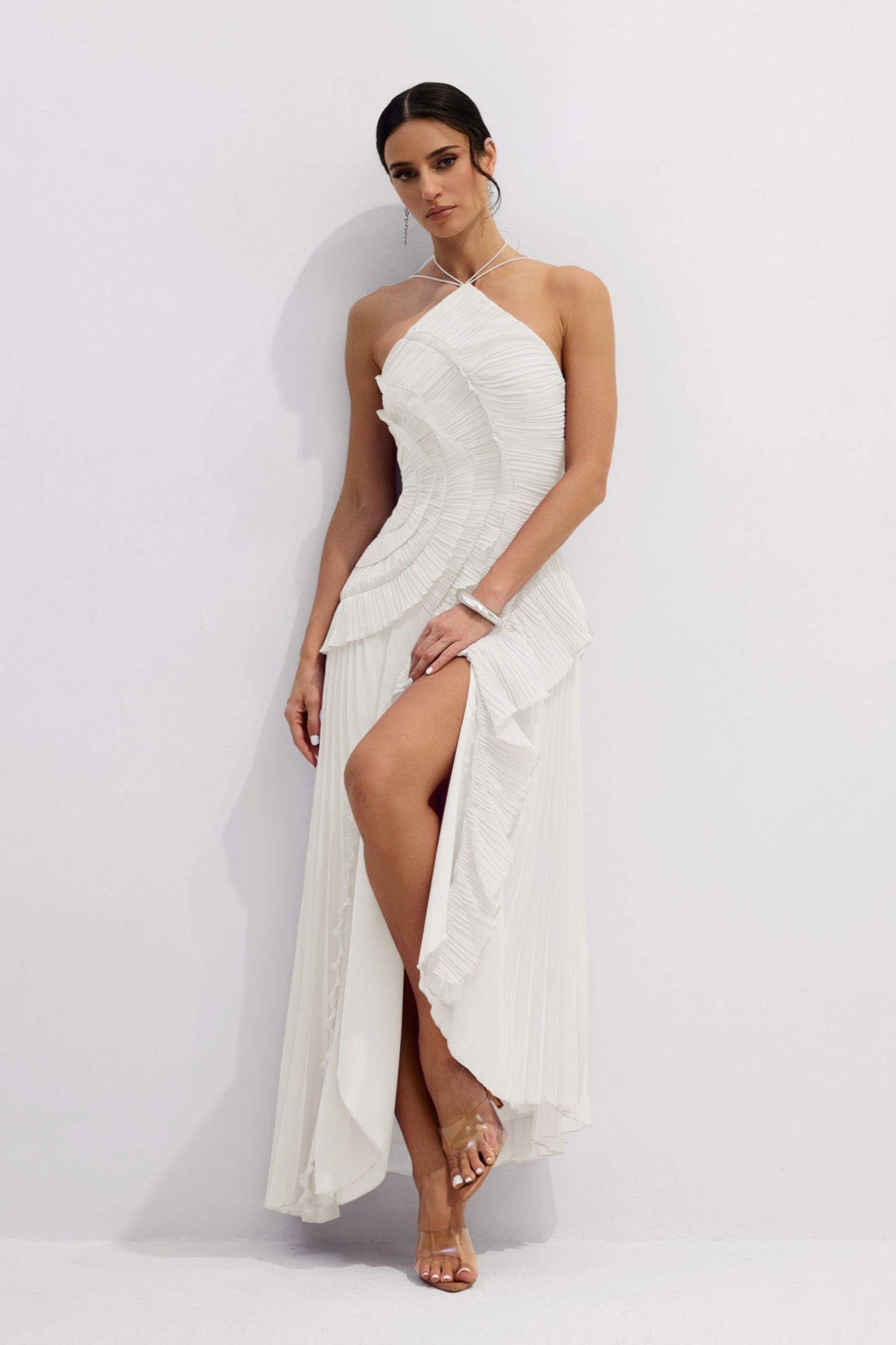 Iconic Asymmetrical Pleated Halterneck Midi Dress