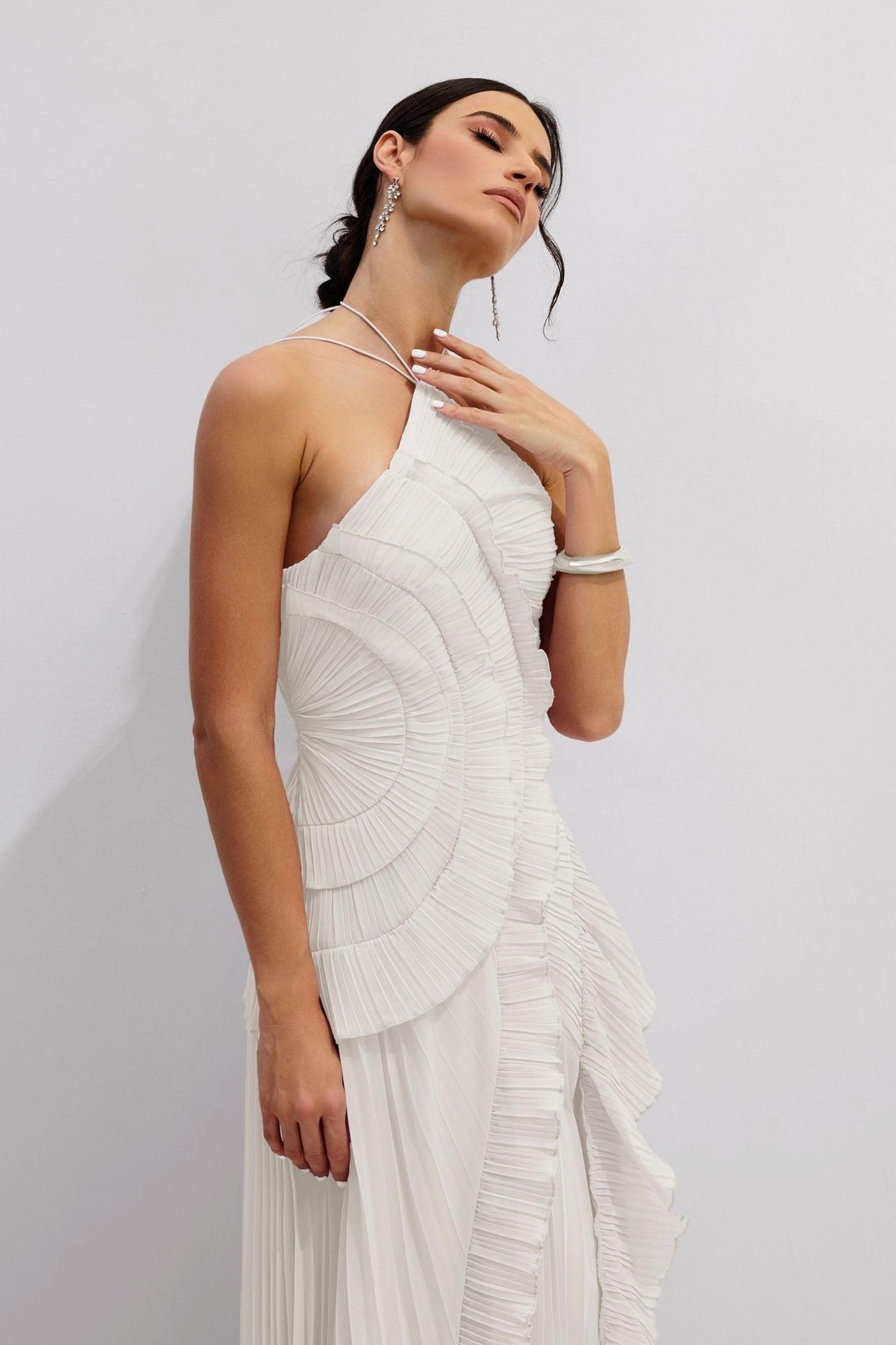 Iconic Asymmetrical Pleated Halterneck Midi Dress