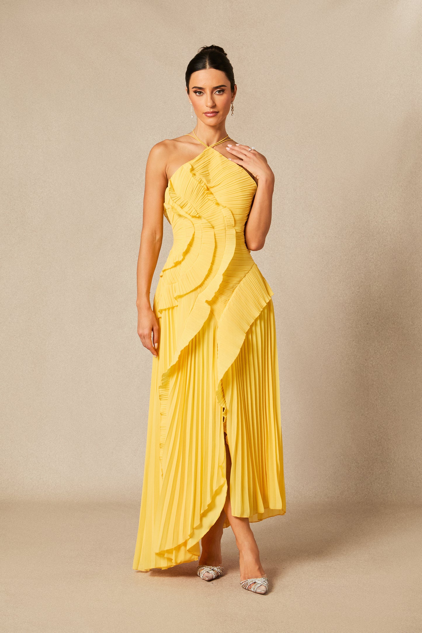 Iconic Asymmetrical Pleated Halterneck Midi Dress