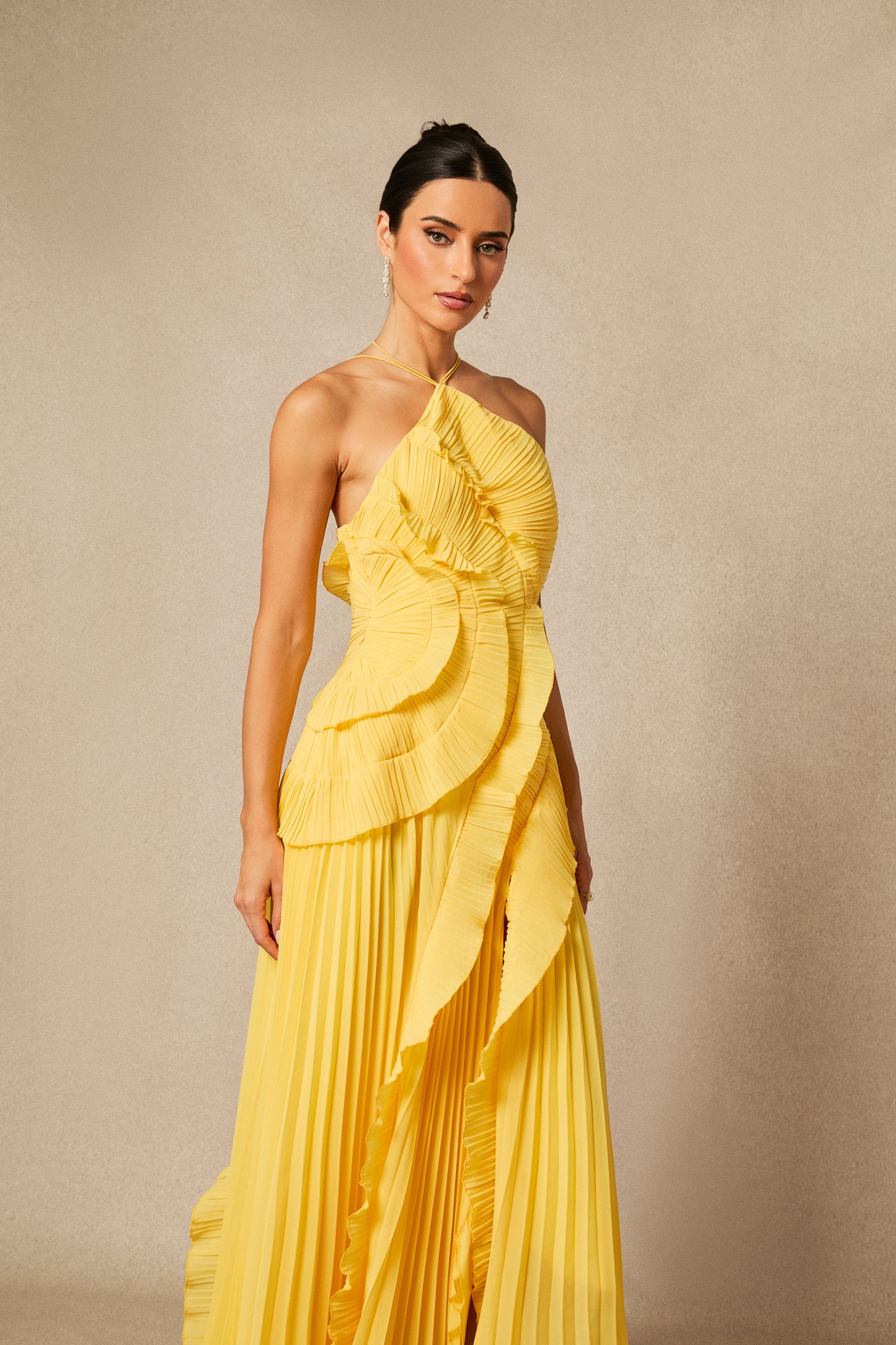 Iconic Asymmetrical Pleated Halterneck Midi Dress