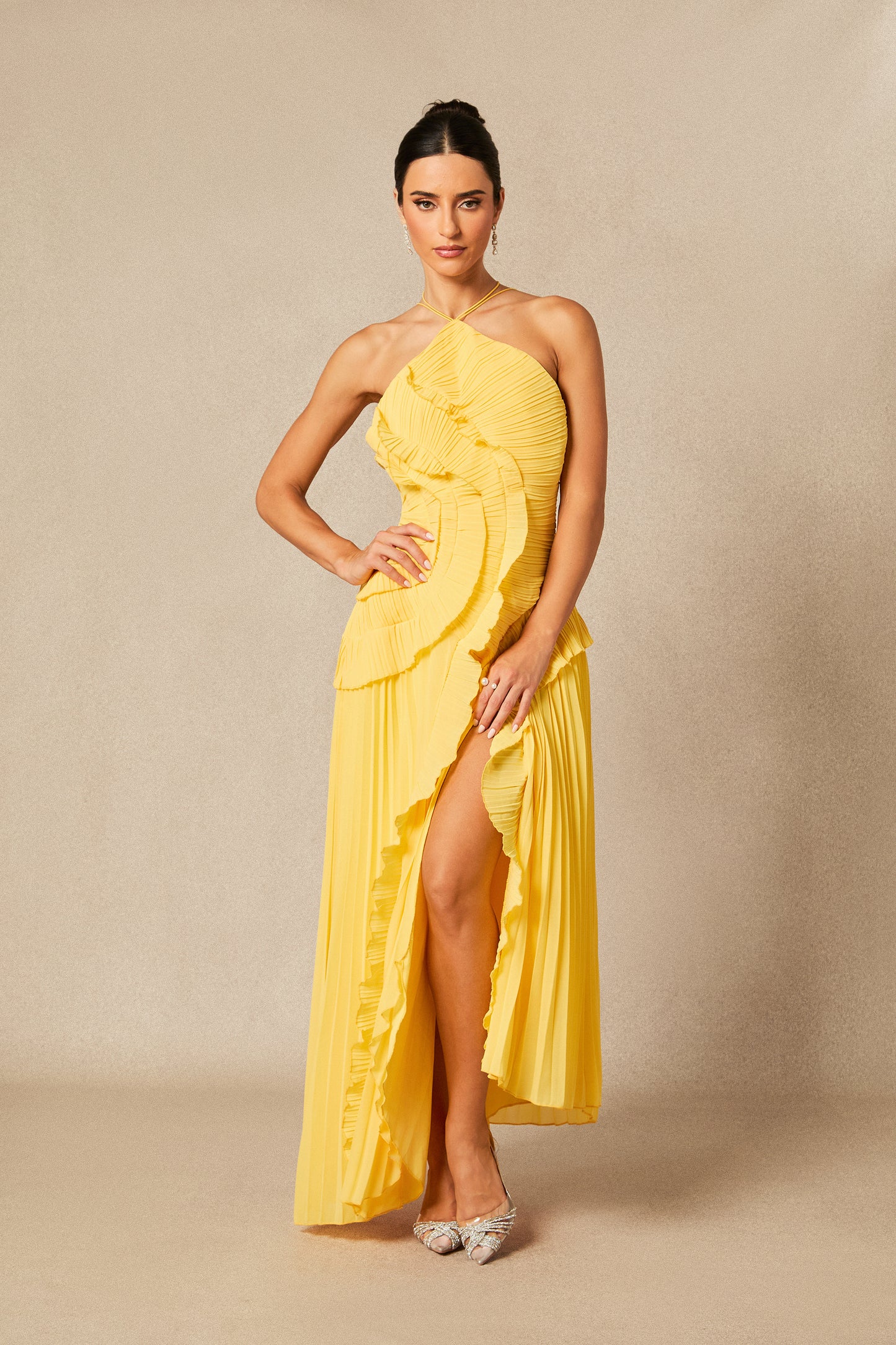 Iconic Asymmetrical Pleated Halterneck Midi Dress