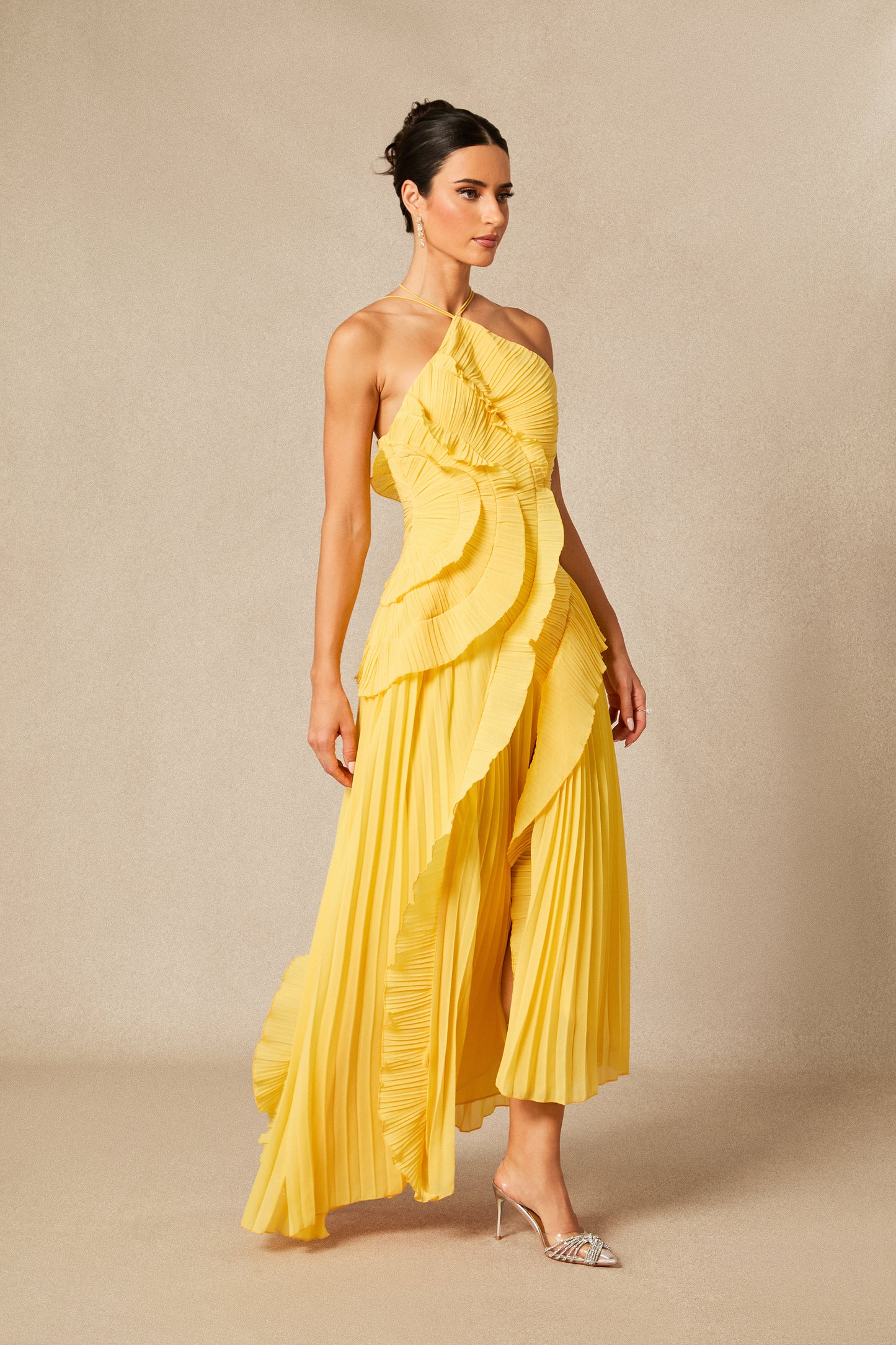 Iconic Asymmetrical Pleated Halterneck Midi Dress