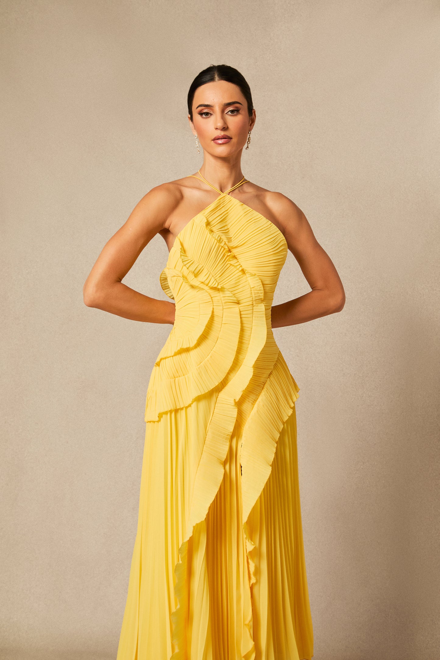 Iconic Asymmetrical Pleated Halterneck Midi Dress