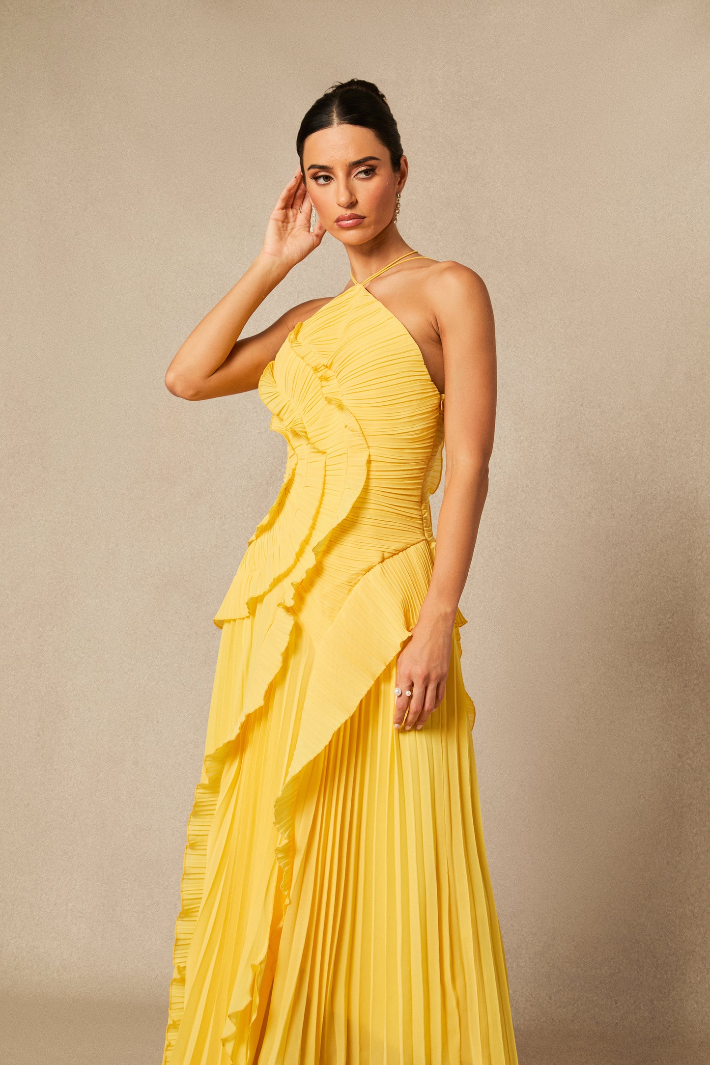 Iconic Asymmetrical Pleated Halterneck Midi Dress