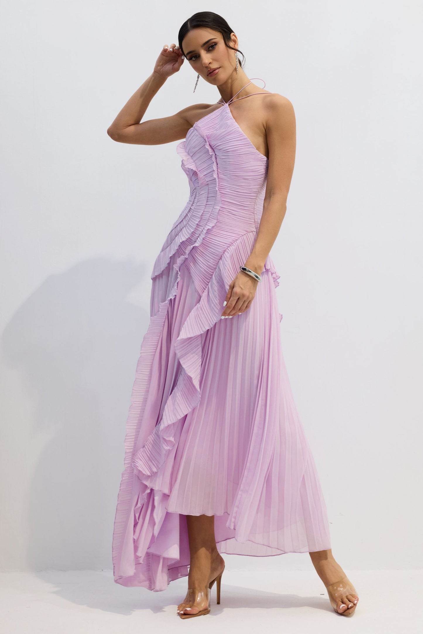 Iconic Asymmetrical Pleated Halterneck Midi Dress