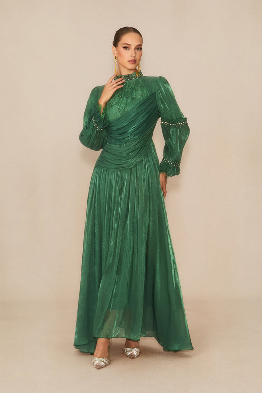Modern Vintage Beaded Trim Long Sleeve Maxi Dress