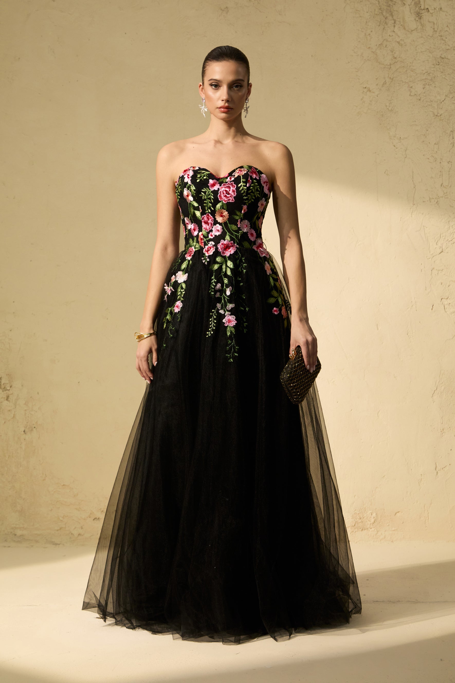 Elegant Black Floral Embroidered Strapless Maxi Dress