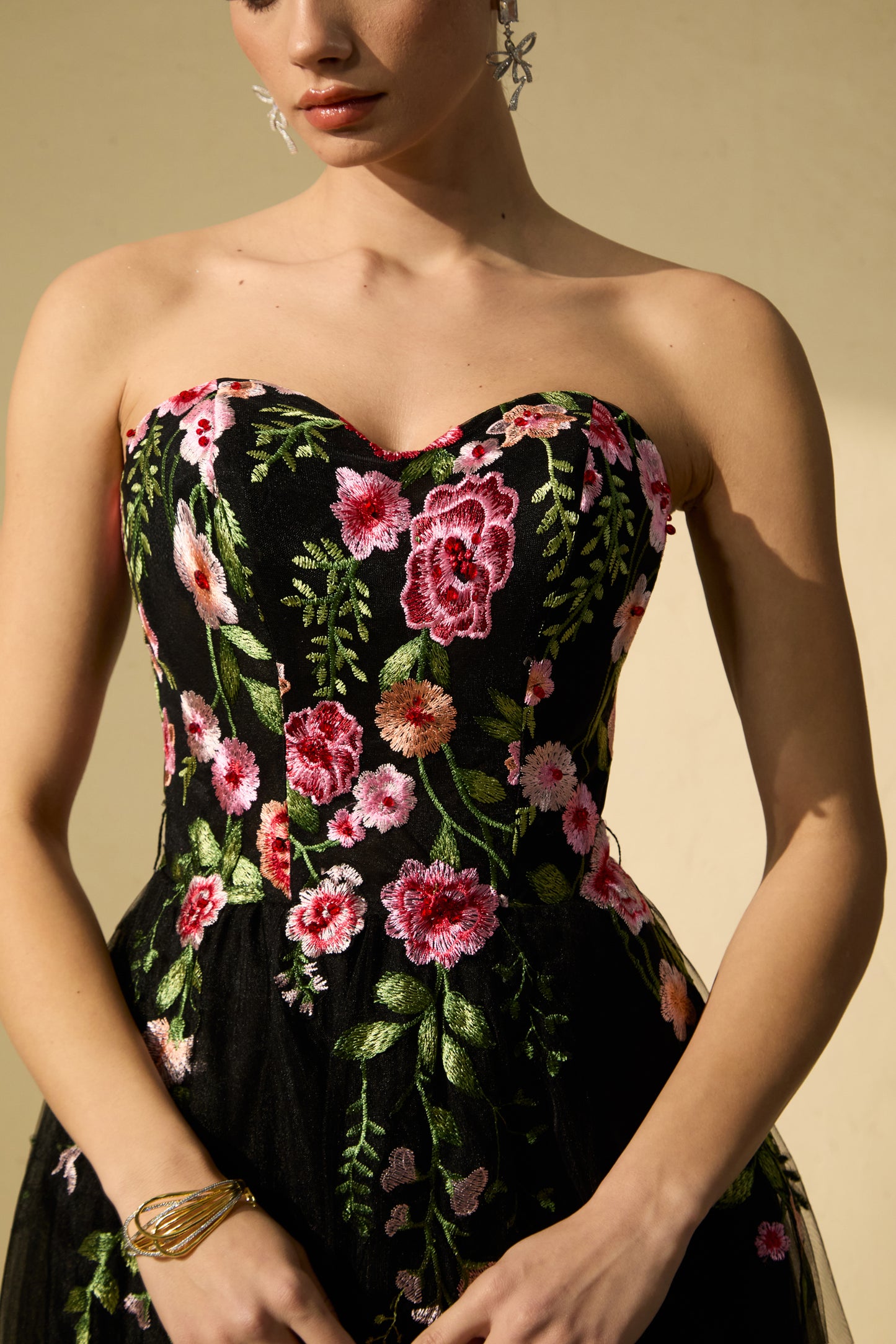 Elegant Black Floral Embroidered Strapless Maxi Dress