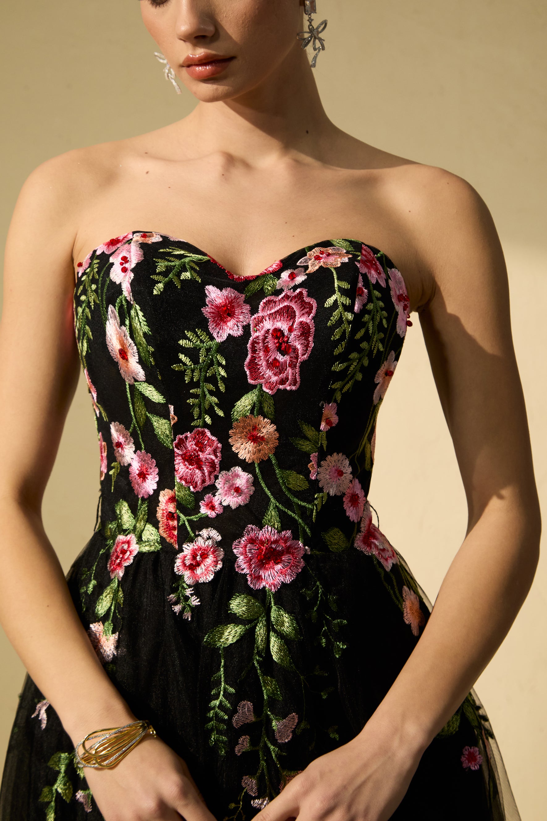 Elegant Black Floral Embroidered Strapless Maxi Dress