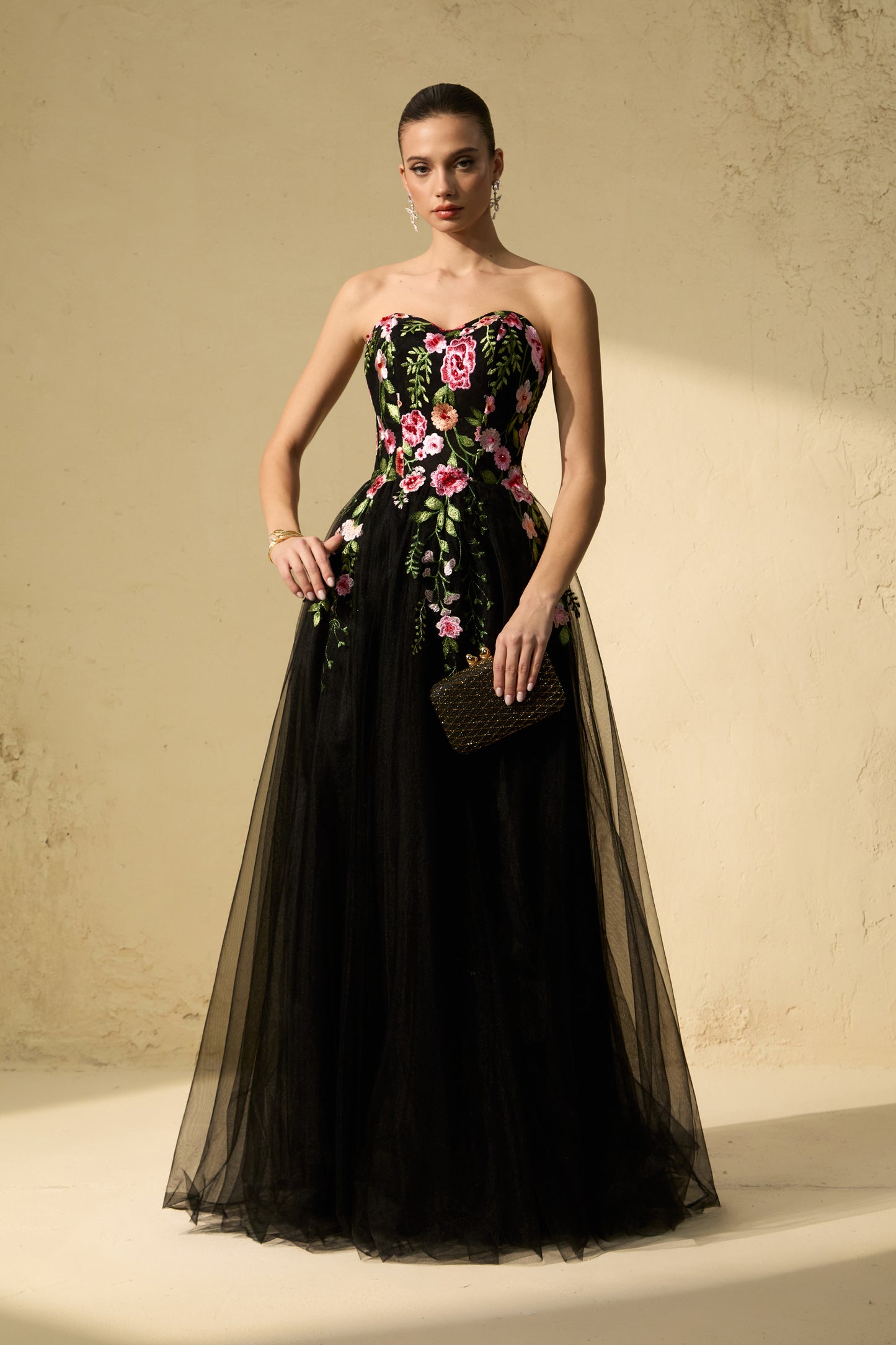 Elegant Black Floral Embroidered Strapless Maxi Dress