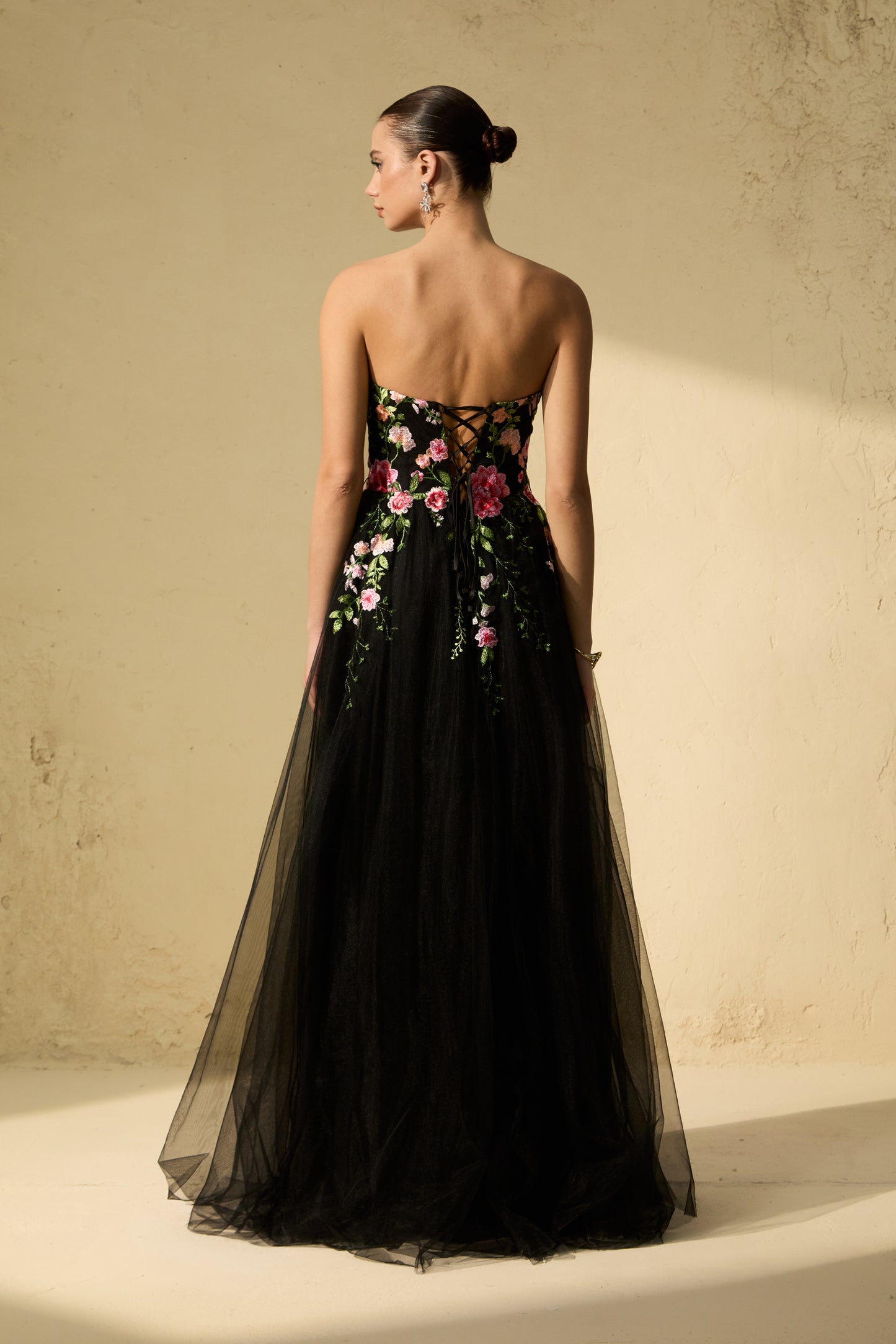 Elegant Black Floral Embroidered Strapless Maxi Dress