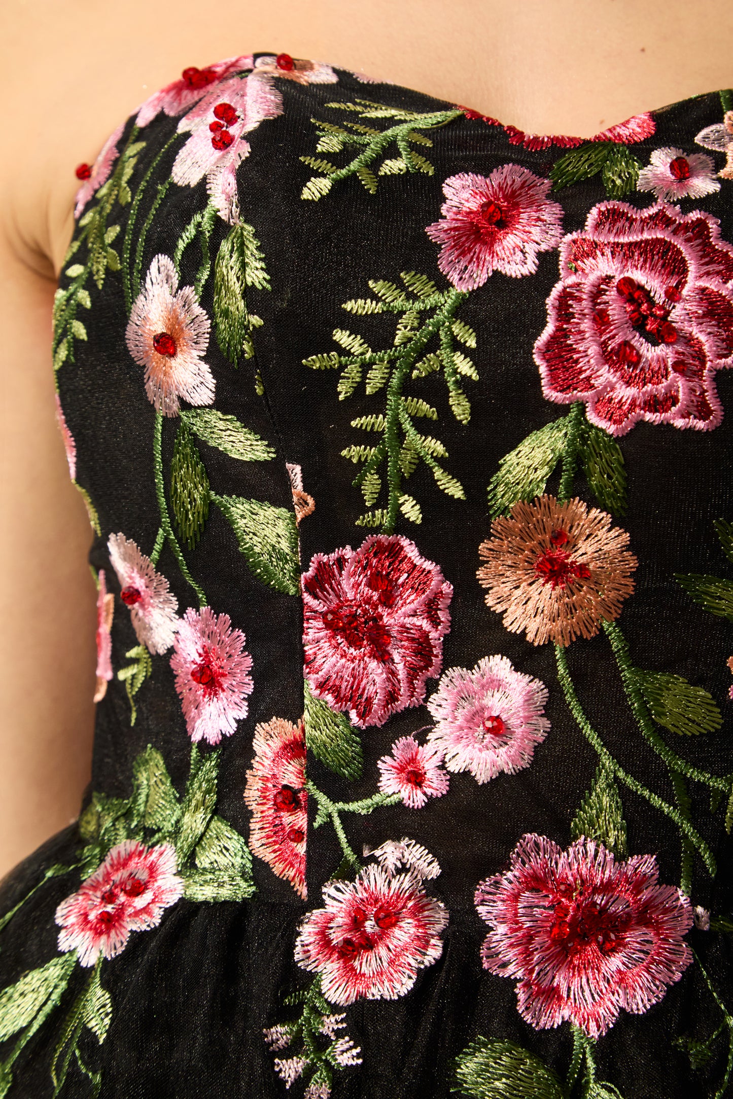 Elegant Black Floral Embroidered Strapless Maxi Dress