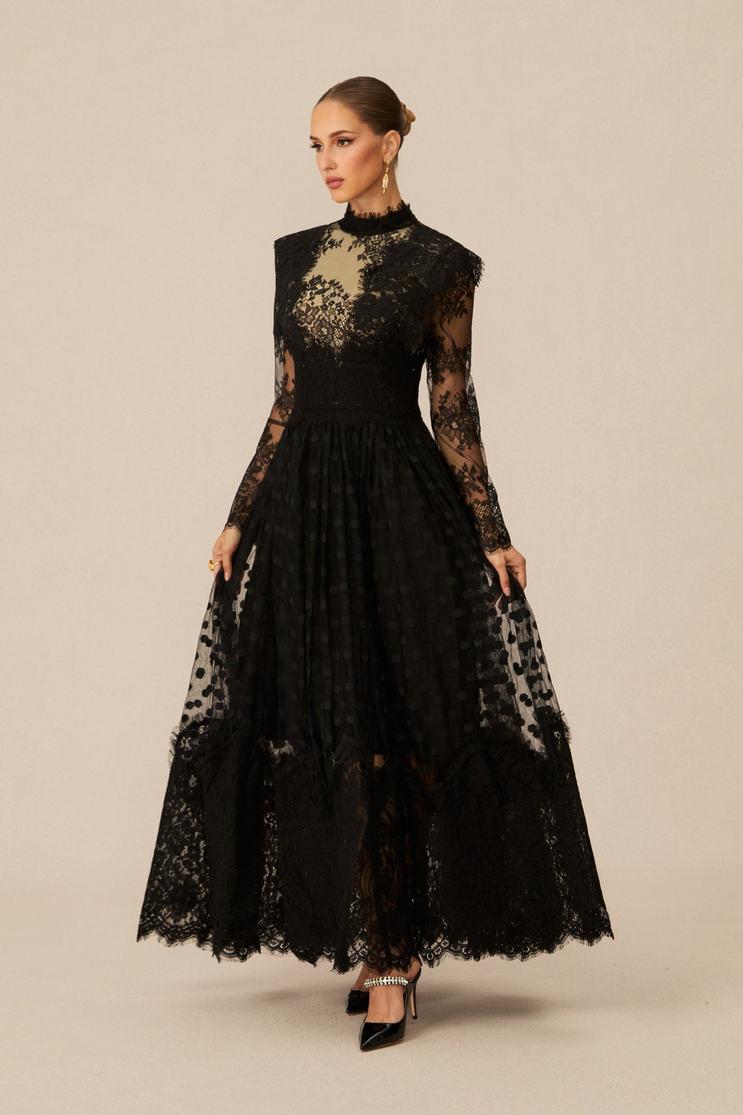 Polished Black Polka Dot Lace Maxi Dress