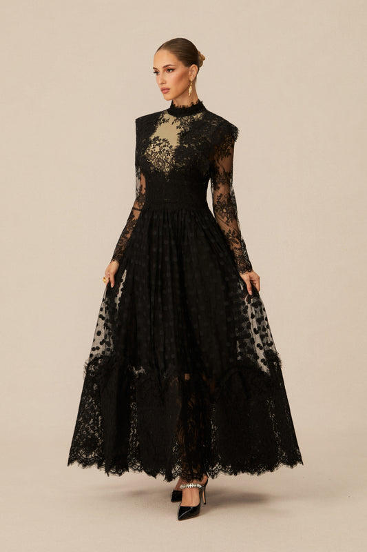 Polished Black Polka Dot Lace Maxi Dress