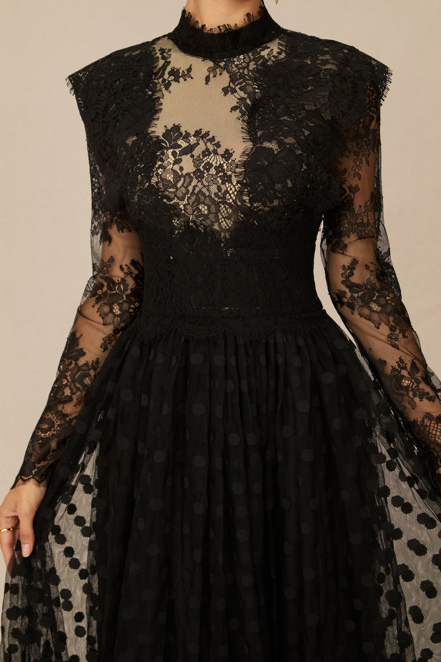 Polished Black Polka Dot Lace Maxi Dress