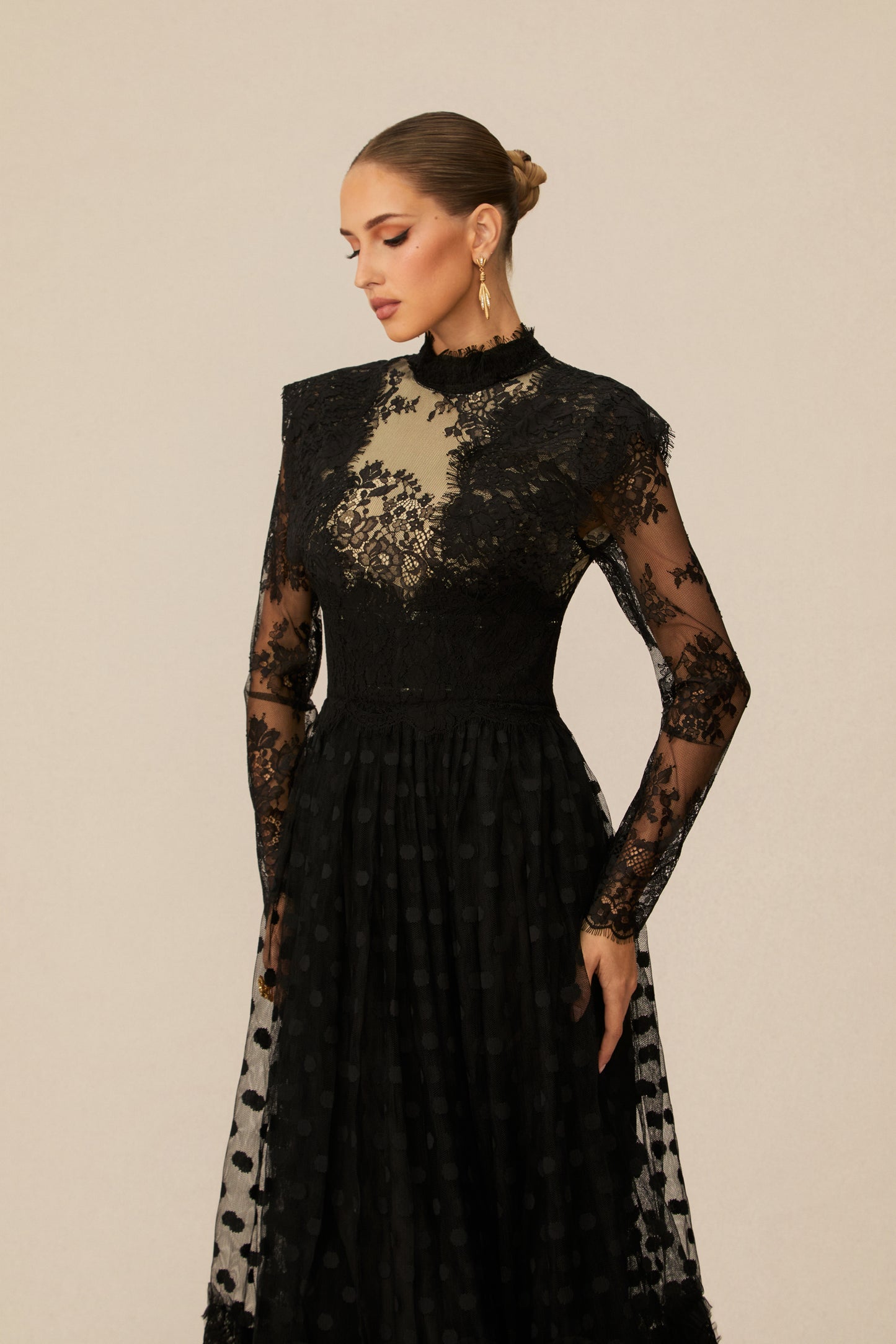 Polished Black Polka Dot Lace Maxi Dress