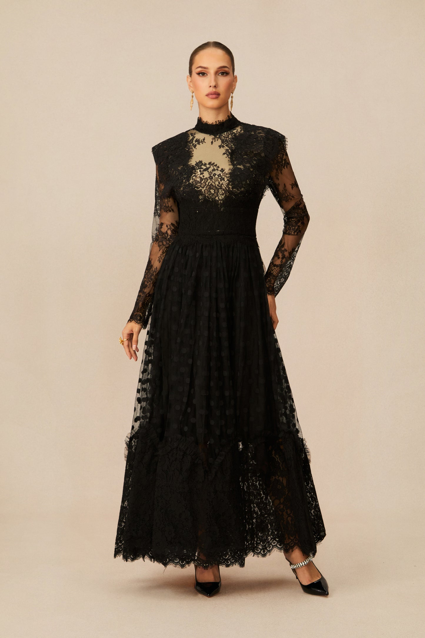 Polished Black Polka Dot Lace Maxi Dress