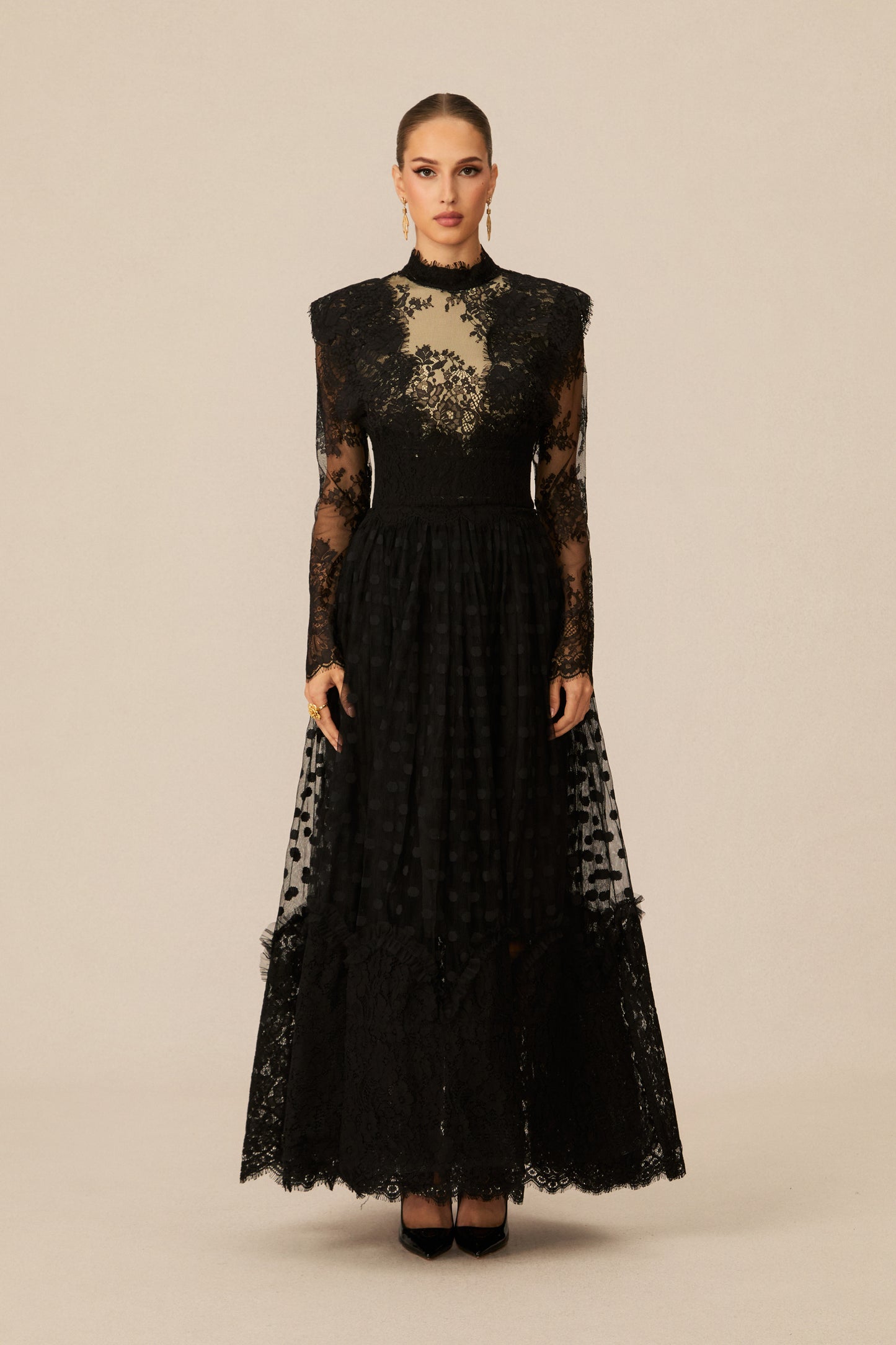 Polished Black Polka Dot Lace Maxi Dress