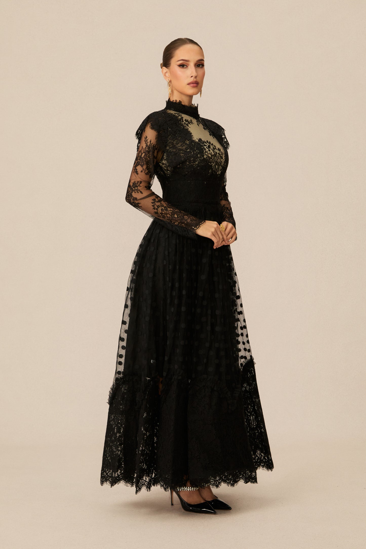 Polished Black Polka Dot Lace Maxi Dress