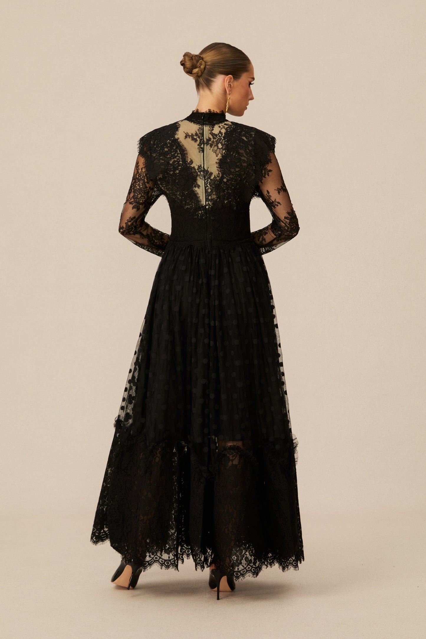 Polished Black Polka Dot Lace Maxi Dress