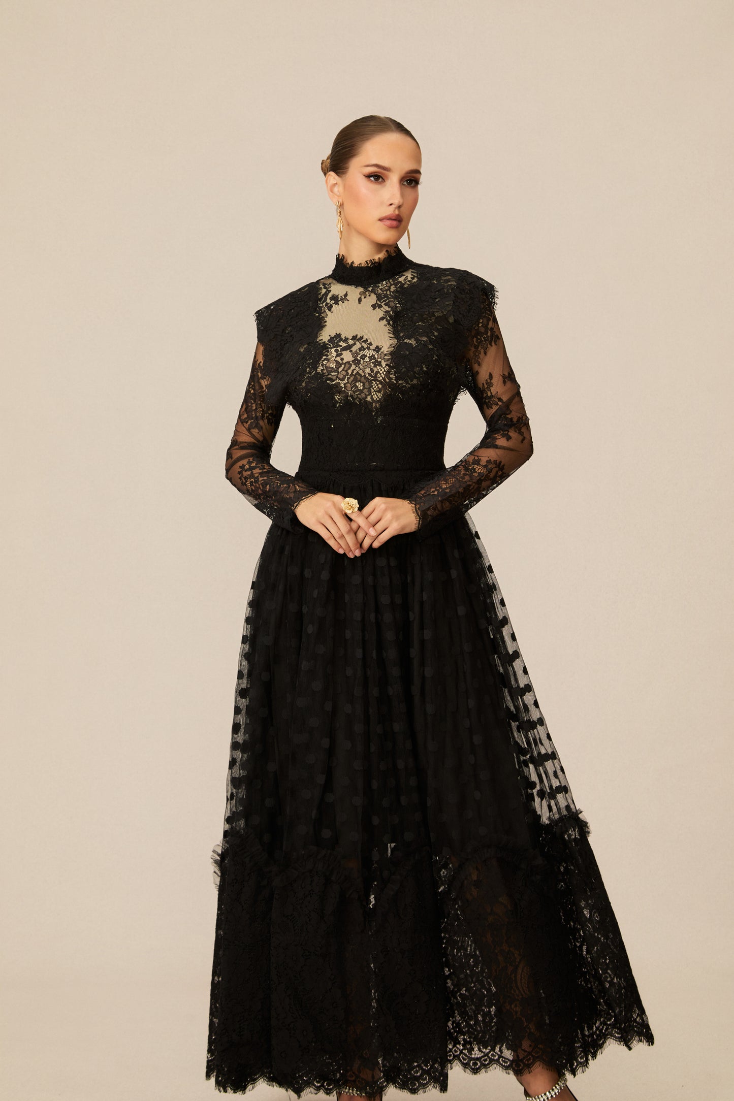 Polished Black Polka Dot Lace Maxi Dress