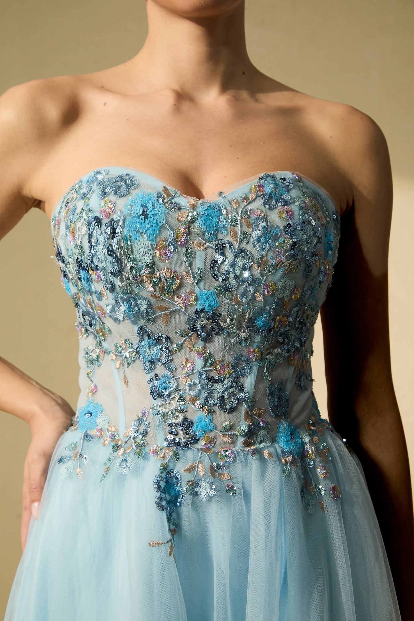 Elegant Blue Embroidered Tulle Maxi Dress