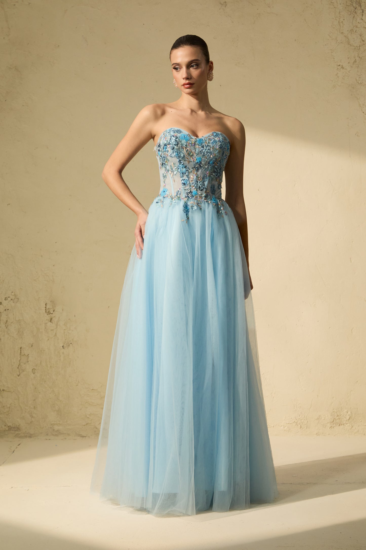 Elegant Blue Embroidered Tulle Maxi Dress