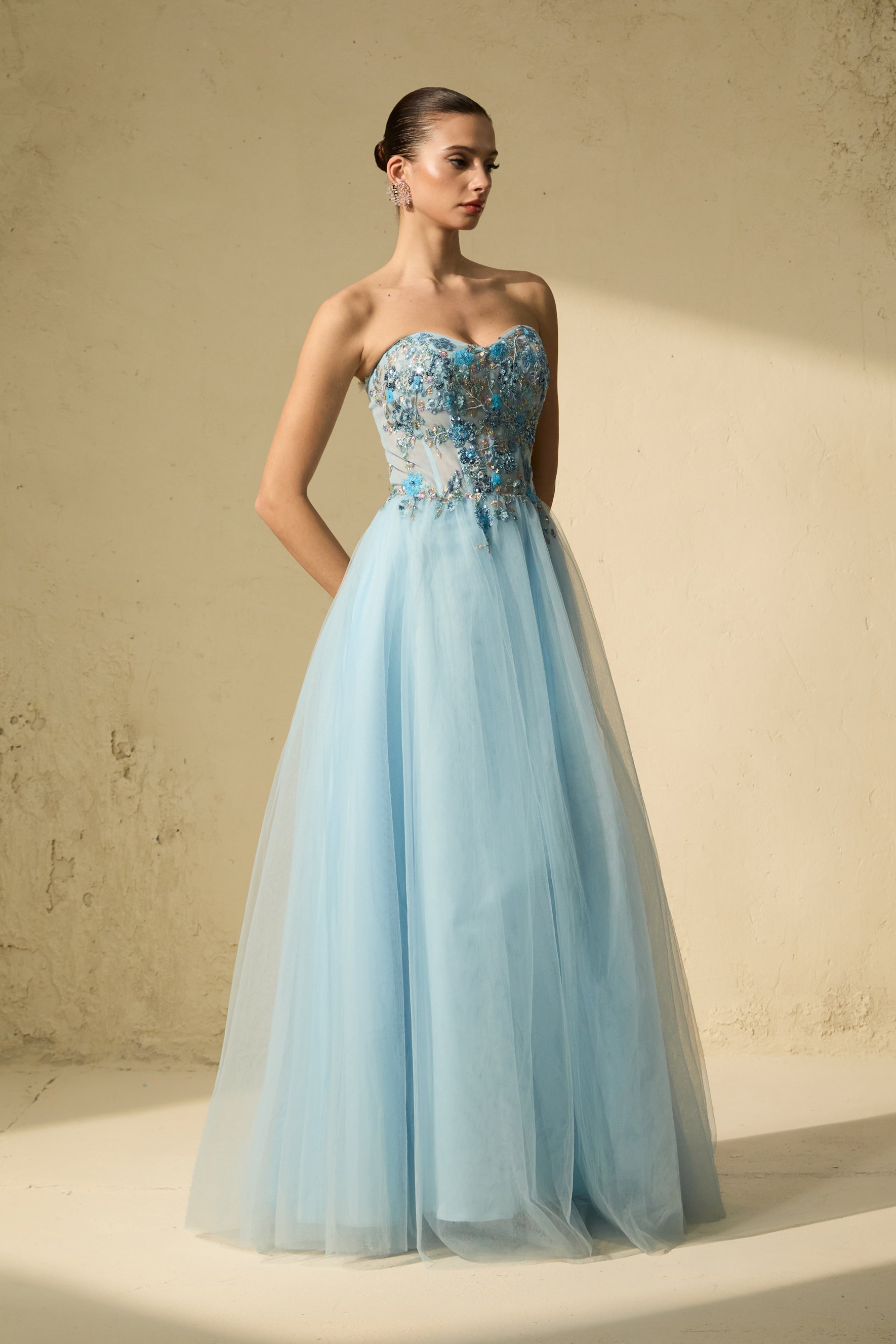 Elegant Blue Embroidered Tulle Maxi Dress