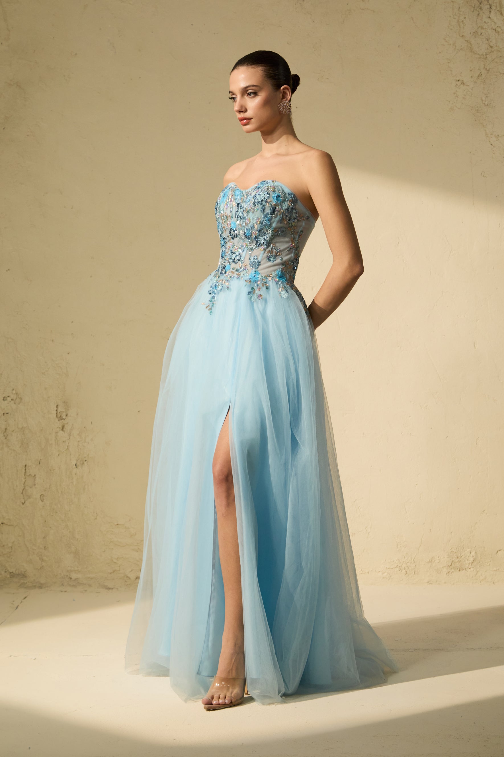 Elegant Blue Embroidered Tulle Maxi Dress