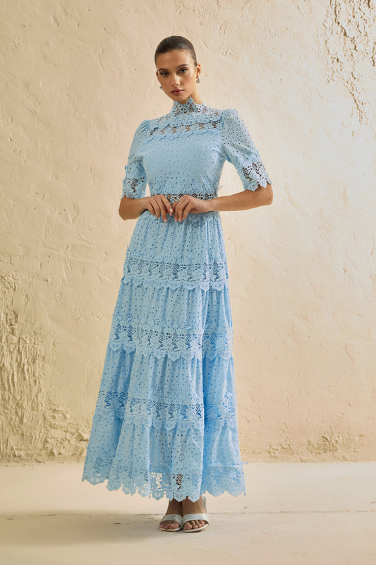 Elegant Blue Eyelet Lace Tiered Maxi Dress