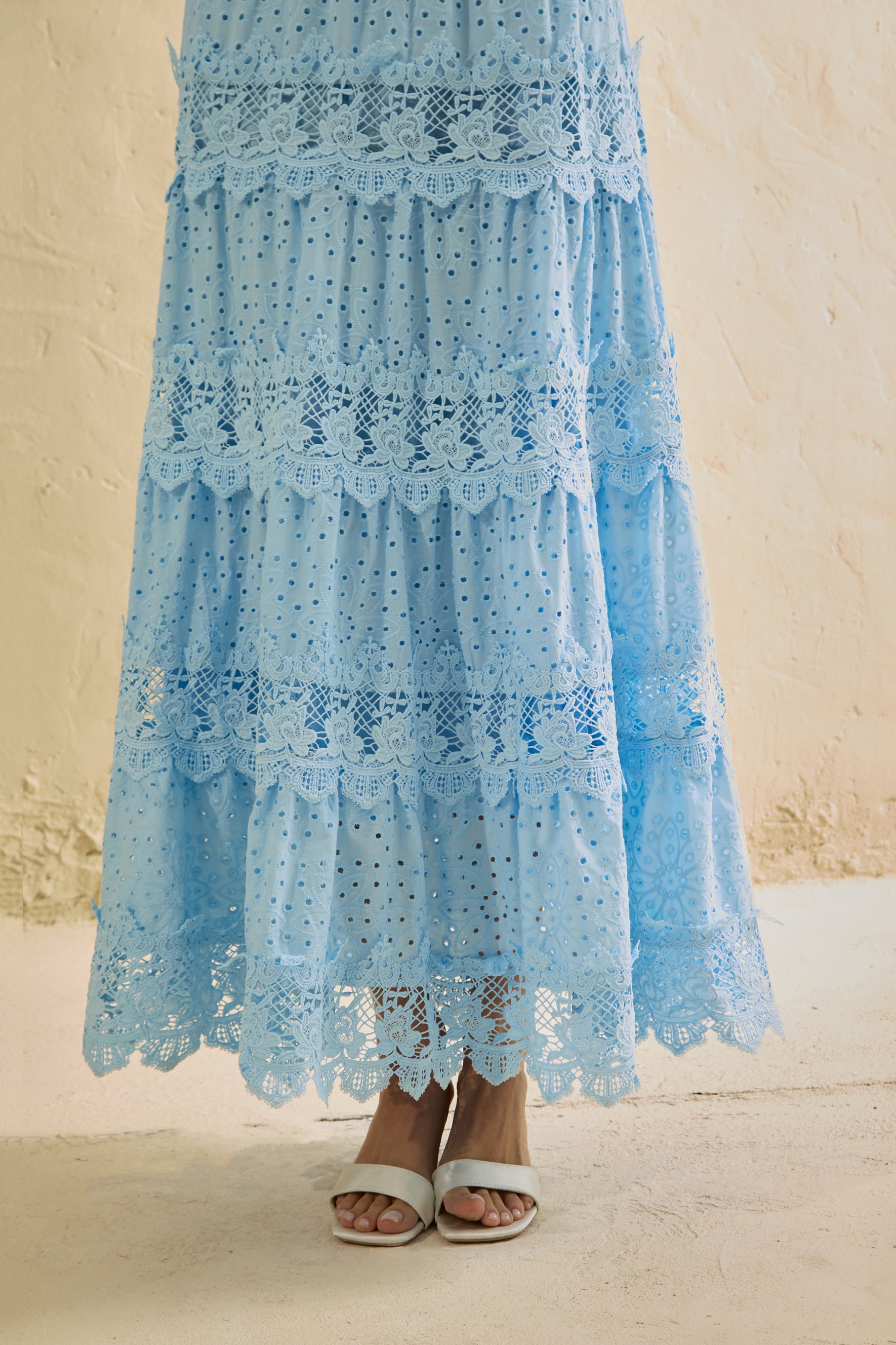 Elegant Blue Eyelet Lace Tiered Maxi Dress