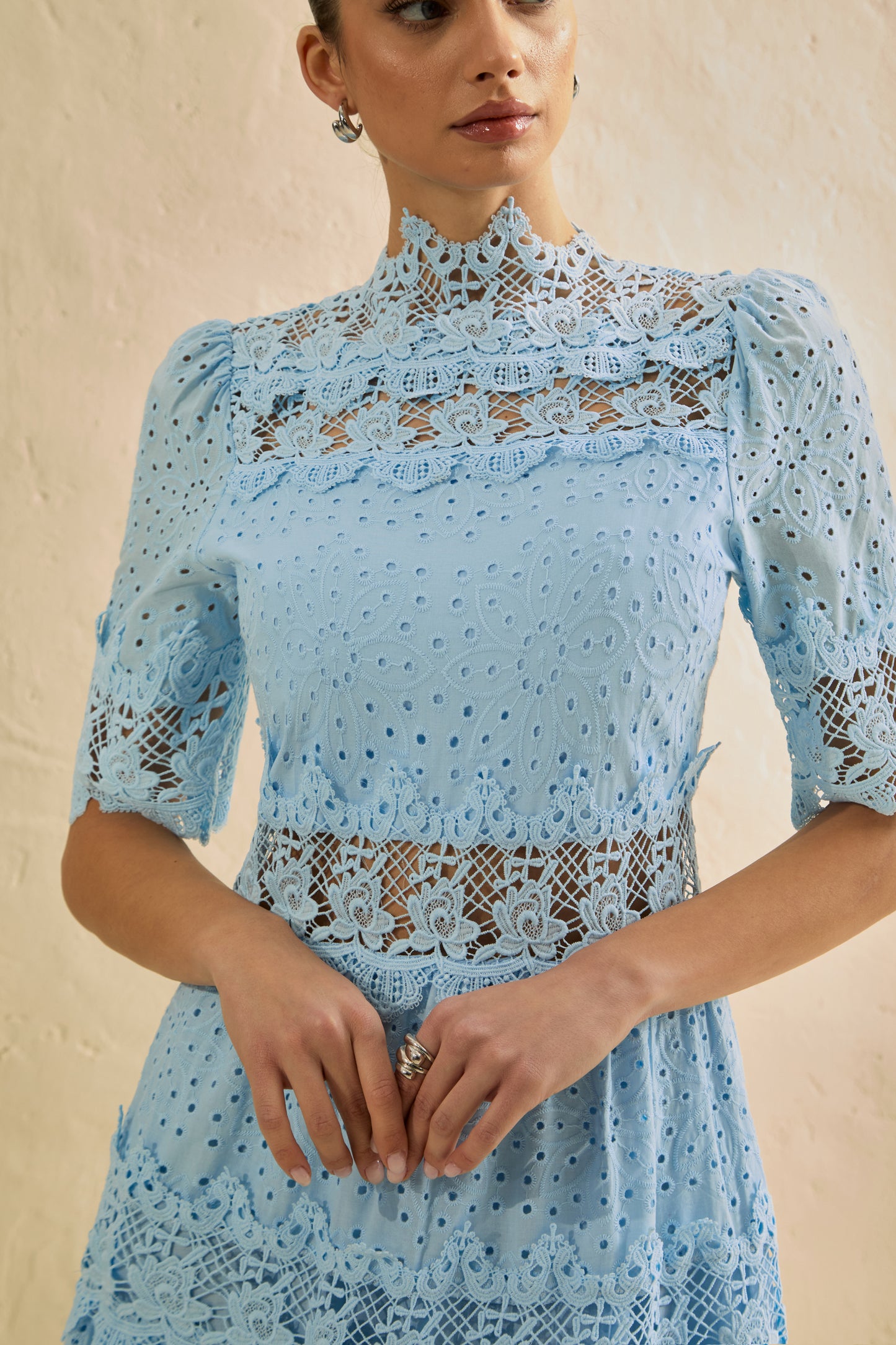 Elegant Blue Eyelet Lace Tiered Maxi Dress