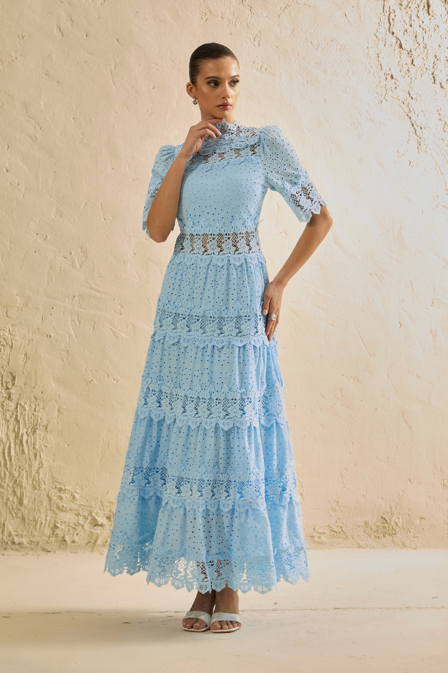 Elegant Blue Eyelet Lace Tiered Maxi Dress