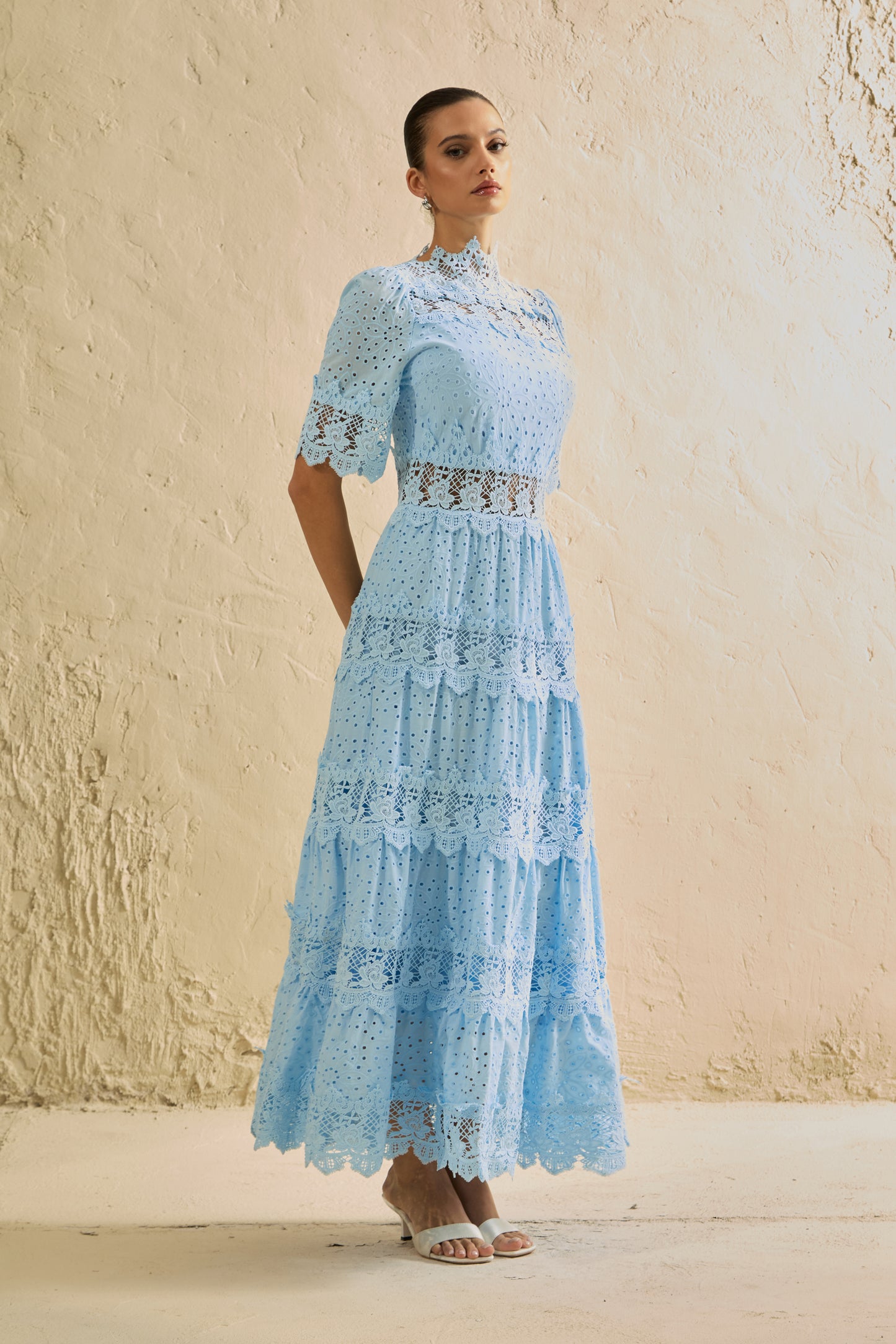 Elegant Blue Eyelet Lace Tiered Maxi Dress
