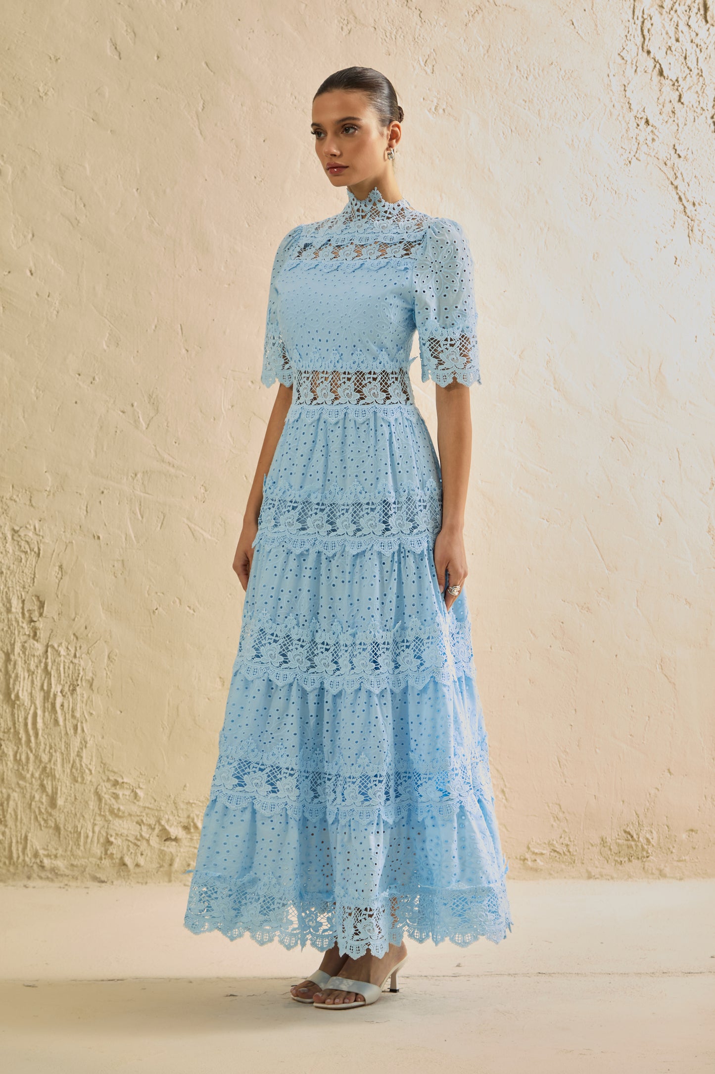 Elegant Blue Eyelet Lace Tiered Maxi Dress