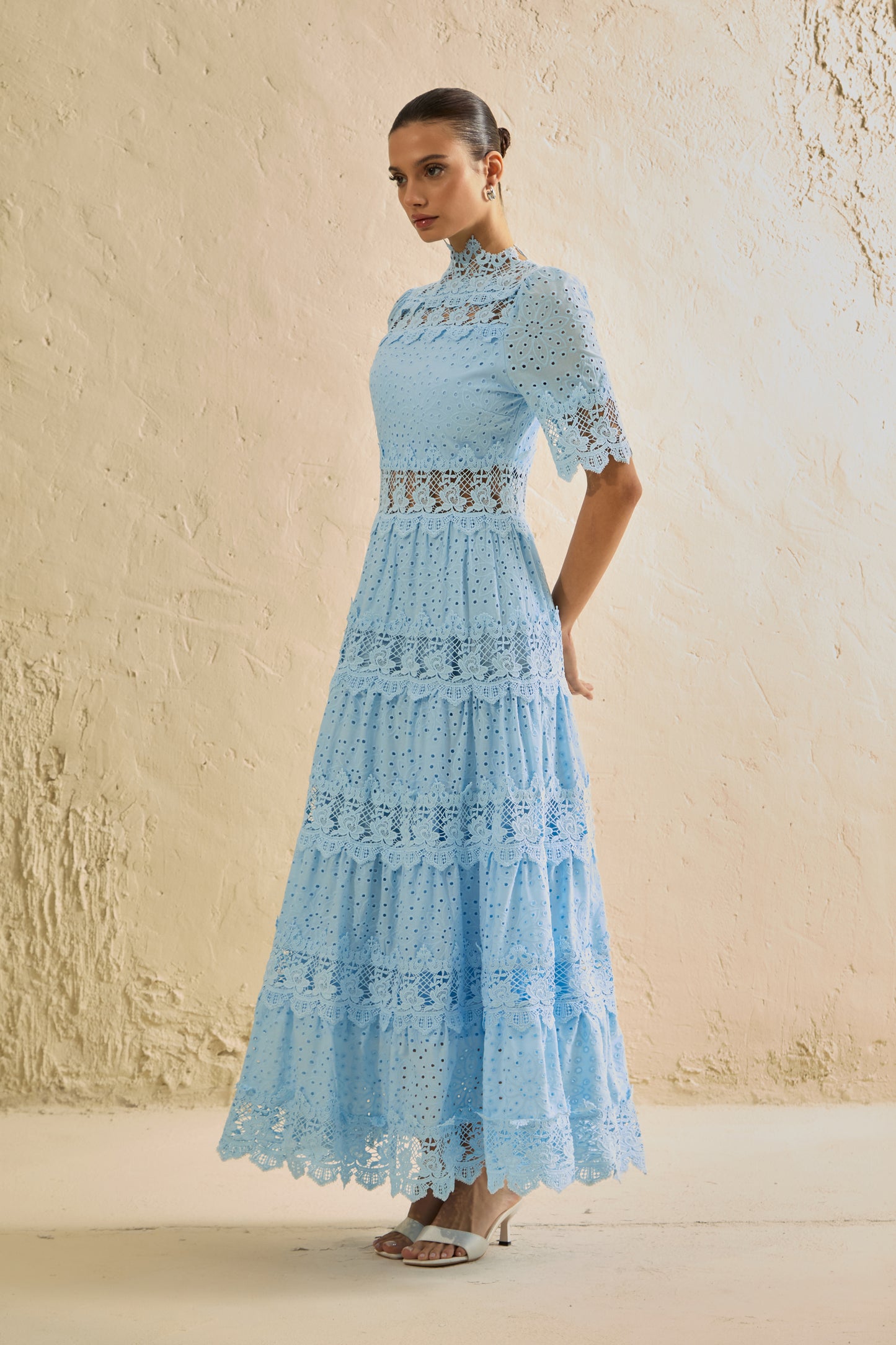 Elegant Blue Eyelet Lace Tiered Maxi Dress