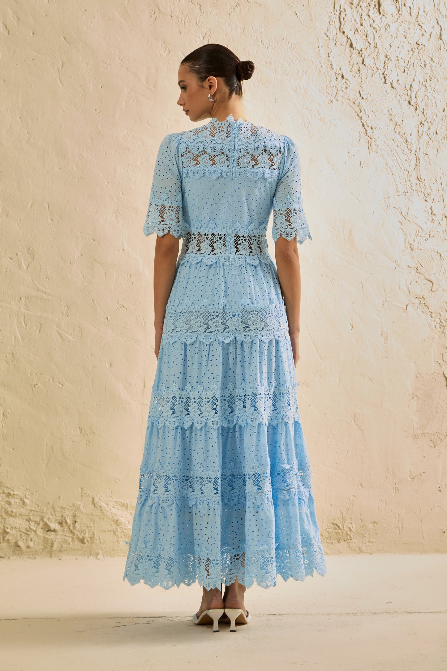 Elegant Blue Eyelet Lace Tiered Maxi Dress